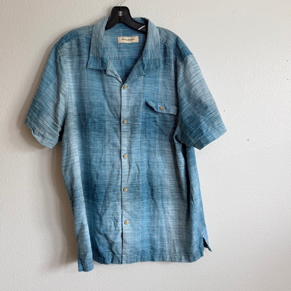 Tommy Bahama Mens XXL Blue Textured Plaid Silk Cotton Short Sleeve Camp Shirt